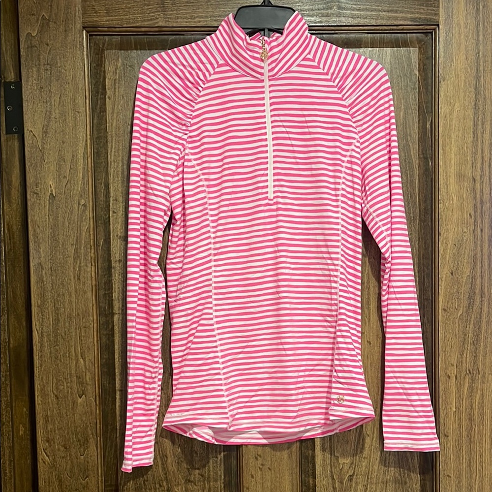Lilly Pulitzer Luxletic Justine Pink Beach Stripe Half Zip Top SZ M